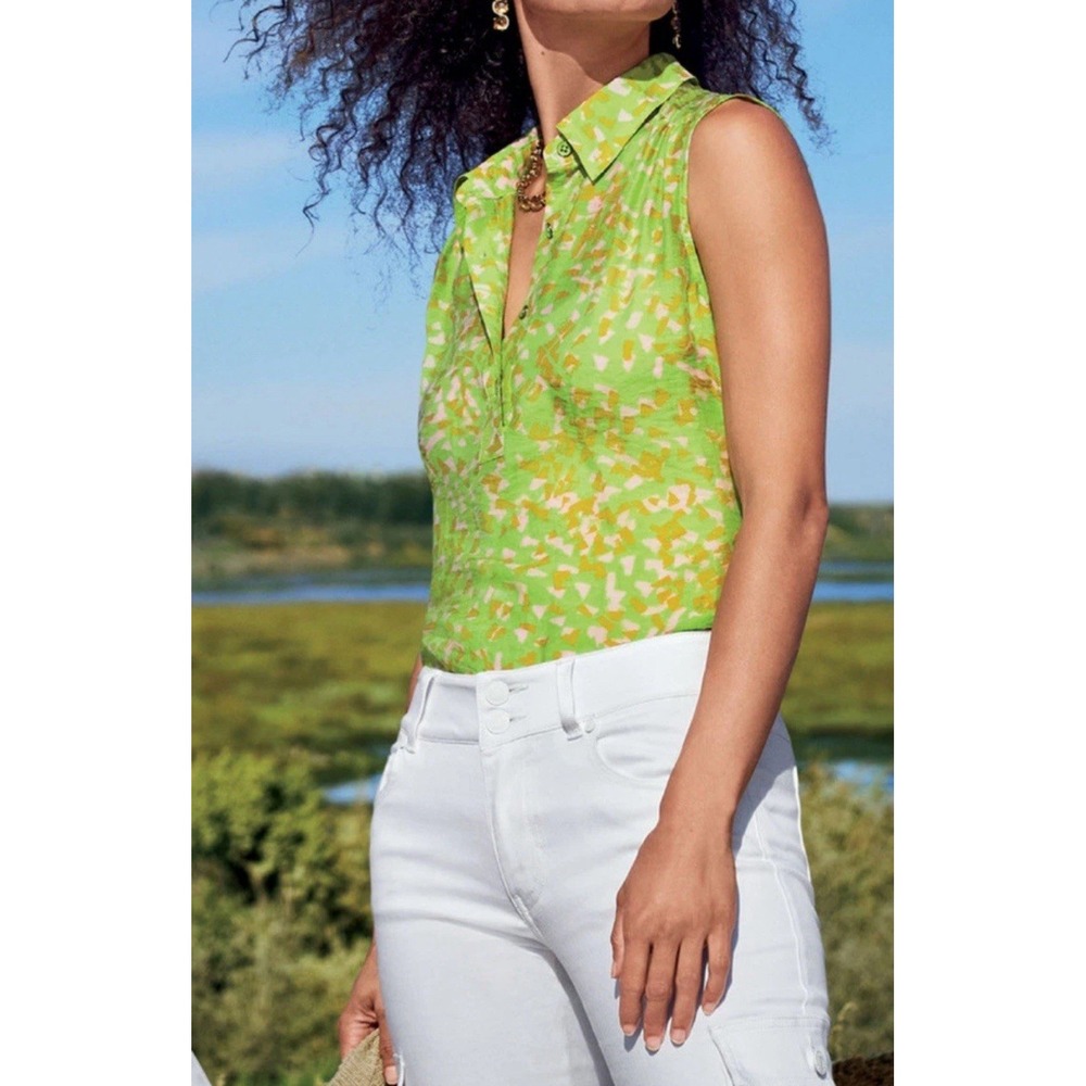Cabi Shine Top 6531 Sleeveless Buttons Collar XL Layers Green Tan